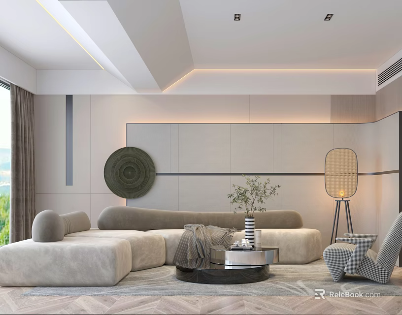 Modern Living Room Interior With Beige Sofa Circular Art Floor Lamp Coffee Table And Plants 3d model 