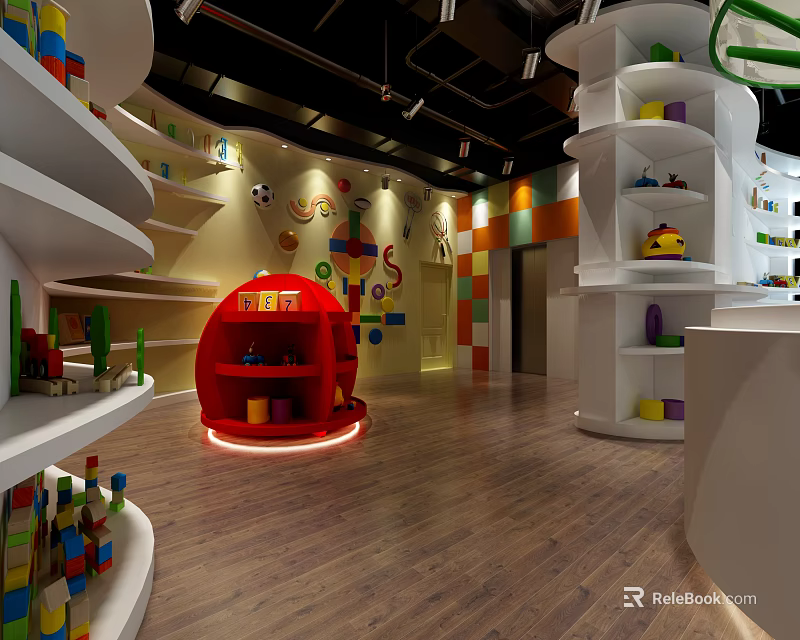 Vibrant Children's Activity Space With Red Round Structure And White Toy Shelves On Wooden Floor 3d model 