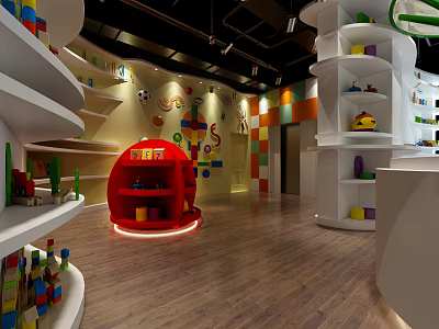Vibrant Children's Activity Space With Red Round Structure And White Toy Shelves On Wooden Floor 3d model