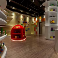 Vibrant Children's Activity Space With Red Round Structure And White Toy Shelves On Wooden Floor