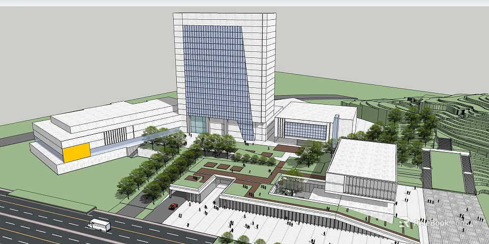 Modern Glass Office Building with Surrounding Greenery Public Square and Pedestrian Areas 3d model 