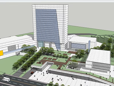 Modern Glass Office Building with Surrounding Greenery Public Square and Pedestrian Areas 3d model