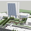 Modern Glass Office Building with Surrounding Greenery Public Square and Pedestrian Areas