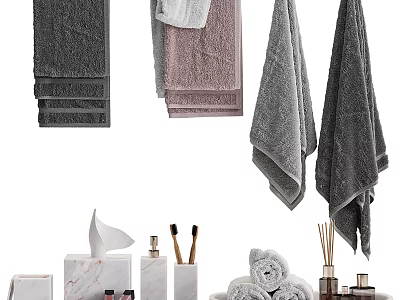 Essential Bathroom Daily Use Products Including Soft Towels Marble Tissue Box Toothbrushes And Aromatherapy Sticks 3d model