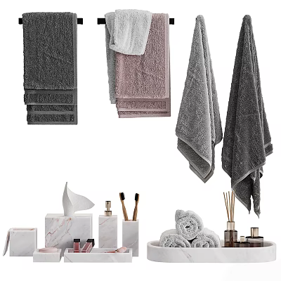 Essential Bathroom Daily Use Products Including Soft Towels Marble Tissue Box Toothbrushes And Aromatherapy Sticks 3d model