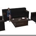 Modern Black Sofa and Coffee Table Set with Armchairs Coffee Cups and Notebook 3d model