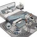 Modern Double Bed With Cozy Pillows Blanket Stuffed Toys And Nightstand On Rug