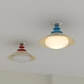 Two Modern Ceiling Lights With Blue Red Accents And White Shades On Ceiling