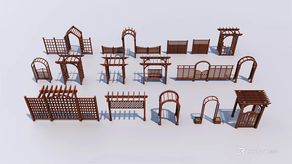 Wooden Door Arches And Garden Fences 3D Models With Various Brown Designs On White Background 3d model 