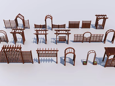 Wooden Door Arches And Garden Fences 3D Models With Various Brown Designs On White Background 3d model