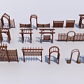 Wooden Door Arches And Garden Fences 3D Models With Various Brown Designs On White Background