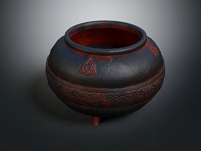 Decorative Ceramic Jar With Dark Red Accents And Carved Patterns On Three Feet 3d model