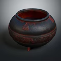 Decorative Ceramic Jar With Dark Red Accents And Carved Patterns On Three Feet