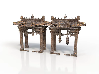 Two Ancient Chinese Archway Structures With Carved Roofs And Decorative Details 3d model