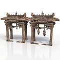 Two Ancient Chinese Archway Structures With Carved Roofs And Decorative Details