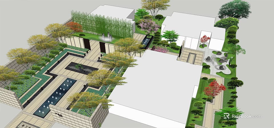 Modern Garden Landscape Design With Varied Plants Water Features And Architectural Layout 3d model 