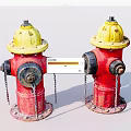 Red And Yellow Fire Hydrants With Chains As Outdoor Fire Safety Equipment