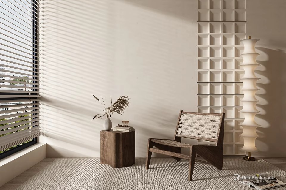 Leisure Chair With Woven Seat And Wooden Side Table By Window Blinds With Sunlight Patterns 3d model 