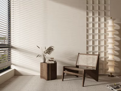 Leisure Chair With Woven Seat And Wooden Side Table By Window Blinds With Sunlight Patterns 3d model