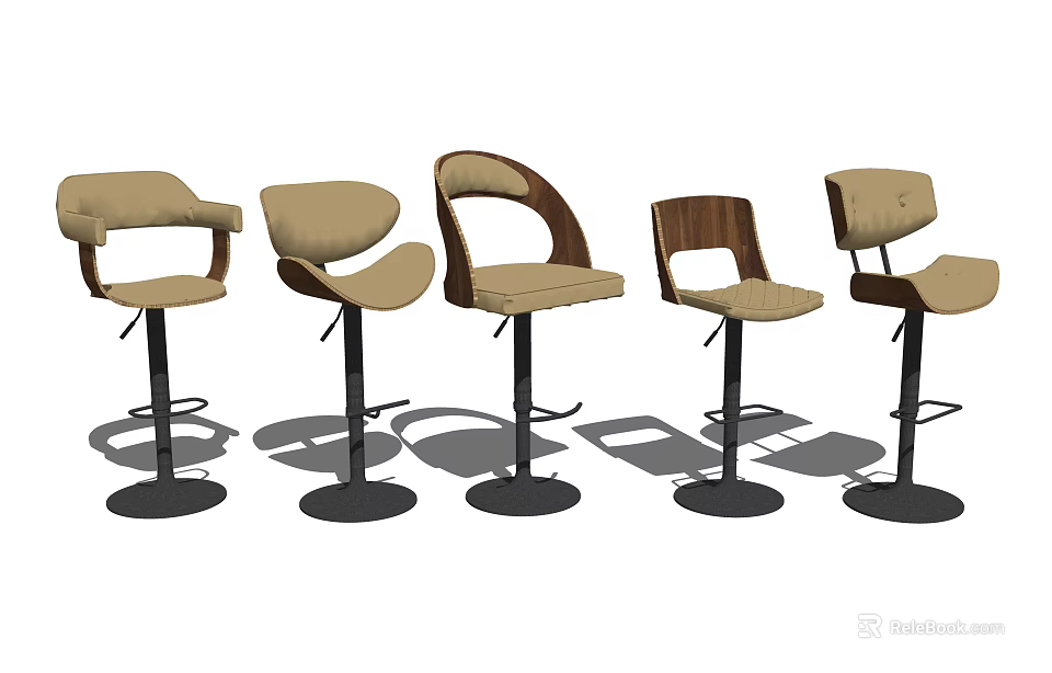 Modern Bar Stools With Various Designs Upholstered Seats And Wooden Frames 3d model