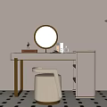 Elegant Dressing Table With Round Mirror White Countertop Golden Legs White Stool And Floor Lamp