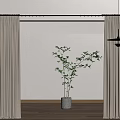 Beige Double Layer Curtains with Sheer in Interior with Potted Plant Wooden Floor Hanging Lamp