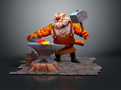 Spotted Leopard Like Game Character Forging Metal On Anvil With Hammer And Leather Apron 3d model