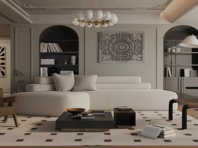 Modern Living Room Interior With Curved Sofa Black Bookshelves Spherical Chandelier And Decorative Art 3d model