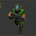 3D Military Character In Green Uniform With Helmet Face Mask And Large Gun Running