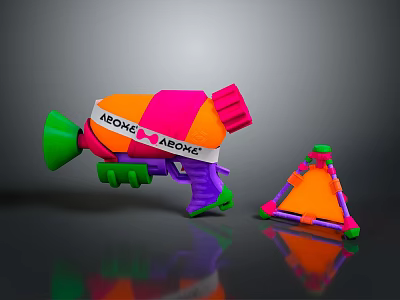 Colorful AEOKE Toy Gun With Vibrant Orange Pink Green Purple And Triangular Stand 3d model