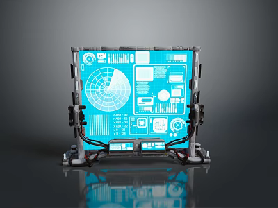 Futuristic Blue Tech Display Panel With Data Charts And Interface Elements Mounted On Metallic Brackets 3d model