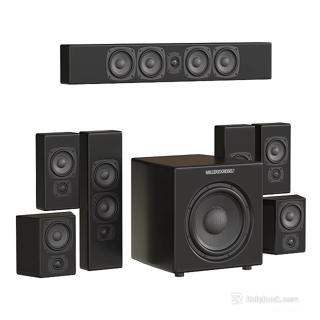 Modern Black Home Theater Speaker System With Soundbar Bookshelf Speakers and Subwoofer 3d model 