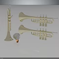 Three Silver Trumpets with Mouthpiece and Cork on Shiny Black Surface with Reflections