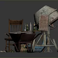 Miscellaneous Items Including Cement Mixer Wheelbarrow Wooden Chair Table Beer Bottles And Cardboard Box
