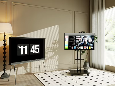 Modern Living Room Smart TV On Stand With Floor Lamp Curtain And Rug 3d model