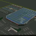Industrial Factory Building With Glass Roof Solar Panels Parking Lots and Entrance Area