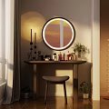 Stylish Dressing Table With Round Lighted Mirror Cosmetics Perfume Bottles Lipsticks And Flower Vase