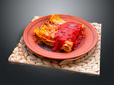 Delicious Lasagna On Red Plate With Woven Placemat And Red Sauce 3d model