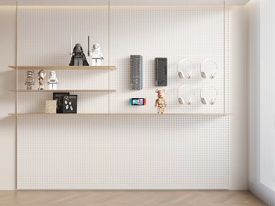 Modern Wooden Display Shelves on White Perforated Wall with Star Wars Figurines Headphones and Electronics 3d model