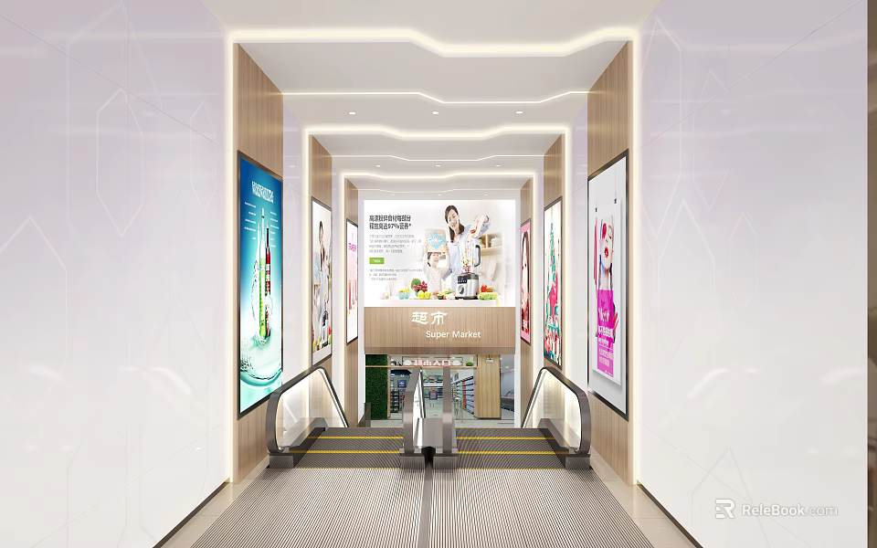 Bright Modern Supermarket Department Store Entrance With Escalators And Product Billboards 3d model 