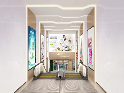Bright Modern Supermarket Department Store Entrance With Escalators And Product Billboards 3d model