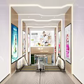Bright Modern Supermarket Department Store Entrance With Escalators And Product Billboards