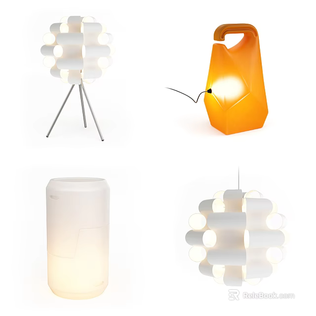 Modern Lighting Combination with Tripod Orange Origami and Spherical Pendant Lamps 3d model 