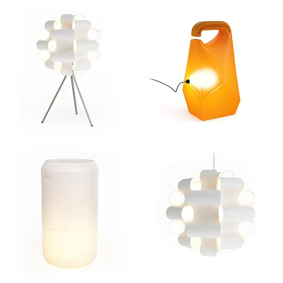 Modern Lighting Combination with Tripod Orange Origami and Spherical Pendant Lamps 3d model
