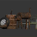Rustic Wooden Bench Featuring Weathered Wood And Wooden Barrel With Metal Wheels