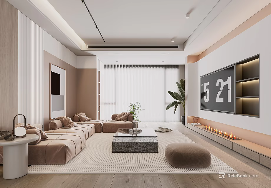 Modern Living Room Interior With Sofa Coffee Table Fireplace And TV Wall 3d model 