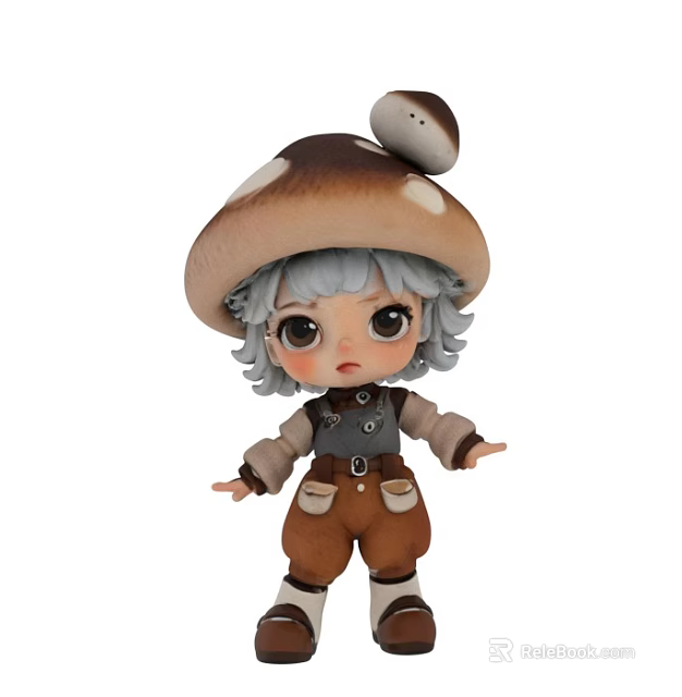 Cute Game and Movie Character With Big Mushroom Hat Gray Curly Hair Brown Pants 3d model 
