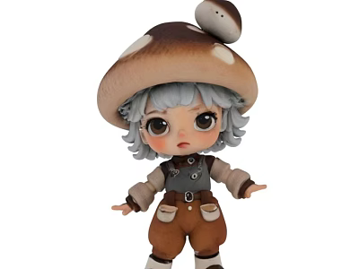 Cute Game and Movie Character With Big Mushroom Hat Gray Curly Hair Brown Pants 3d model