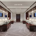 Modern Hotel Public Lounge With White Sofas Large TV Geometric Carpet Wooden Ceiling And Windows