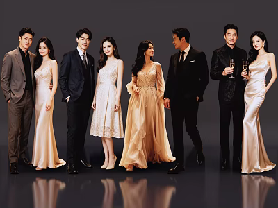 Group of Well Dressed People in Formal Suits and Evening Gowns Posing Together 3d model